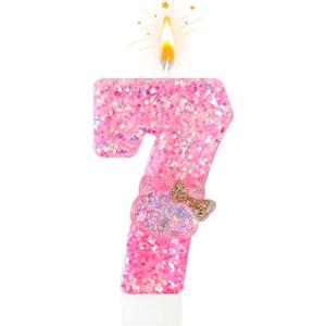 Pink Glitter Number 7 Birthday Candle  Sparkly Cat Cake Topper for Girls, Cute Pink Birthday Decoration for Kids and Family Celebrations