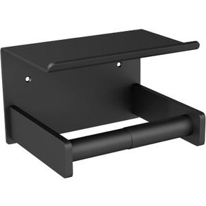 Toilet Paper Holder with Shelf Wall Mount, Self Adhesive or Screw in, Tissue Holder for Bathroom Washroom RV with Spring Rod, Matte Black