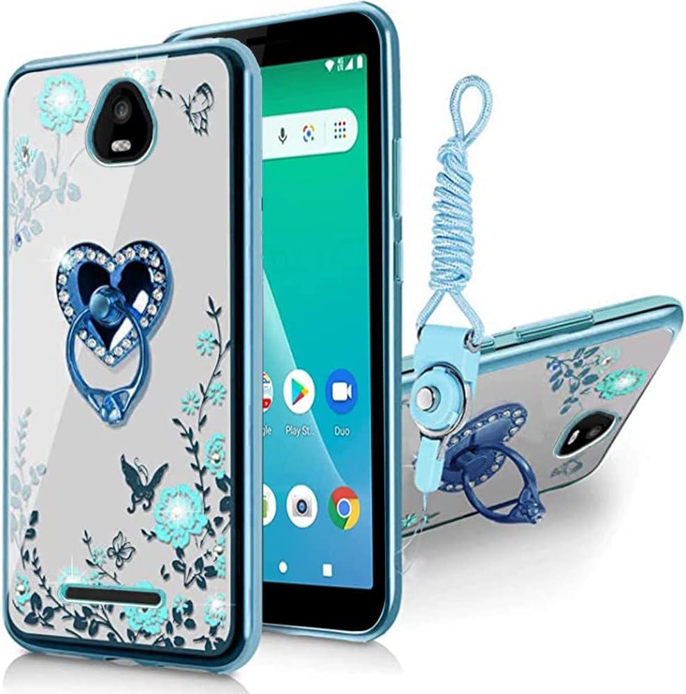 B-wishy for Schok Volt SV55 Glitter Crystal Butterfly Heart Floral Slim TPU Luxury Bling Cute Protective Cover with Kickstand+Strap for Schok Volt SV55(Blue)