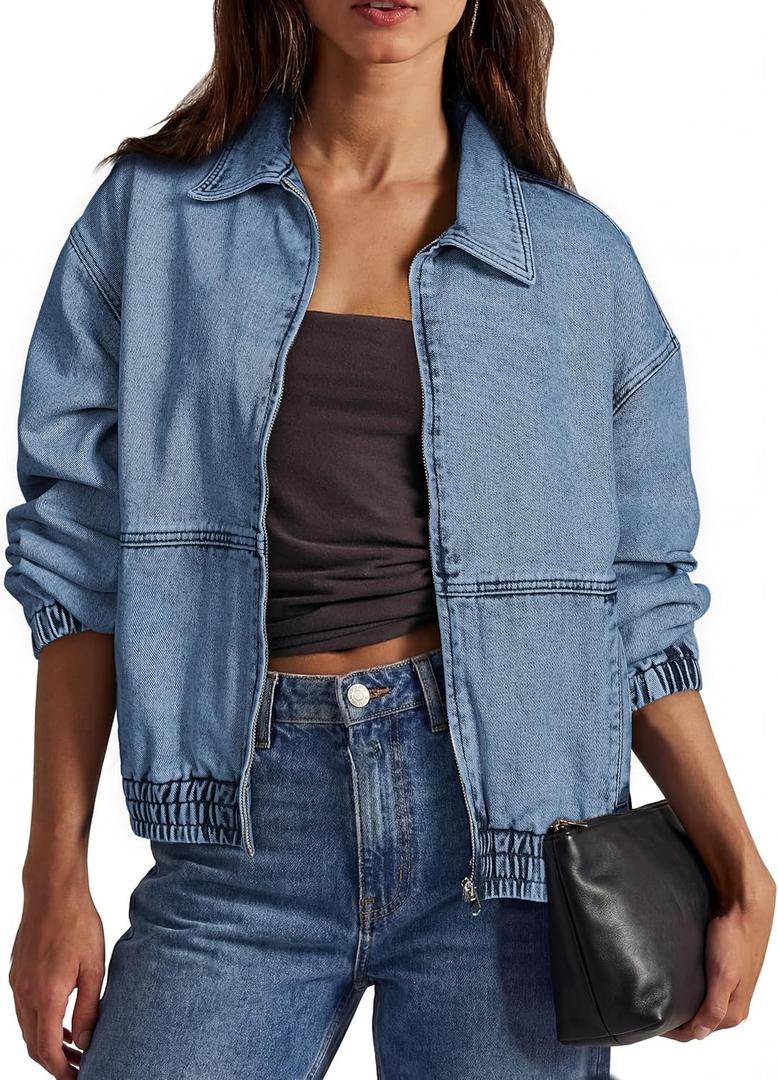 Glamaker Womens Oversized Denim Jacket Trendy Casual Zip Up Long Sleeve Loose Fit Jean Jackets Outfits Outerwear, Small