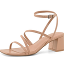 Shoe'N Tale Strappy Heels for Women Low Chunky Block Heel Dress Shoes Square Open Toe Ankle Strap Heeled Sandals, Size 38.5,  Dark Nude