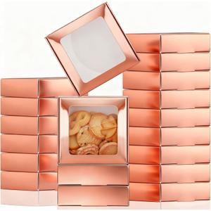 Zonon 30 Pcs Kraft Paper Boxes with Window 4.13 x 4.13 x 1.18 Inch Candy Packaging, Small Gift Boxes, Soap holder, Mini Treat Packaging for Bakery Chocolate Jewelry Display (Rose Gold)