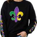 Mardi Gras Sweatshirt for Women Carnival Outfit Crewneck Pullover Party Long Sleeve Tee Daily Wear (Small)