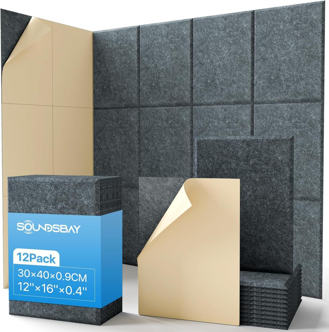 Soundsbay Sound Proof Panels for Walls, 16" X 12" Soundproof Wall Panels Self-Adhesive, 12-Pack High Density 10.6lb/ft Sound Proof Foam Panels for Walls, Door, Ceiling, Home Office,Dark Gray