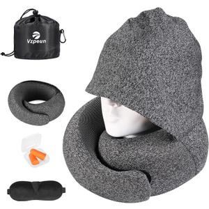 Travel Pillow - Hooded Neck Pillow Airplane Memory Foam Filling for Plane, Office, Cars Sleeping, Road Trip, Long Flights, Airplane Travel Essentials, Includes Eye Mask & Earplugs (Dark Gray)