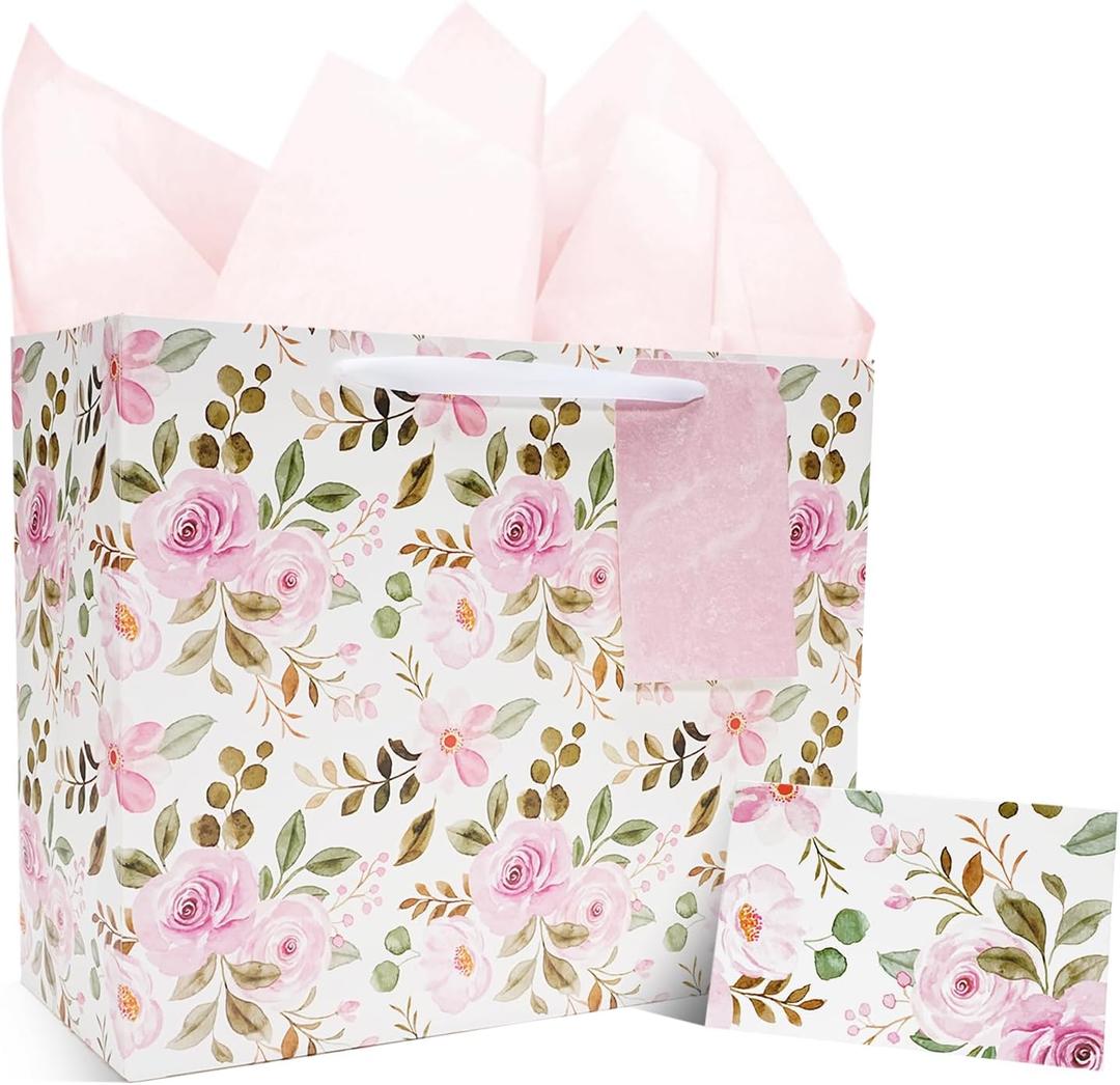LaRibbons 13" Large Wedding Gift Bag, Bridal Shower Gift Bag with Tissue Paper and Greeting Card, Pink Watercolor Roses Design, Perfect for Mother's Day, Bride, Bridesmaids, Anniversary, Engagement Gifts