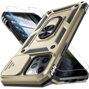 Janmitta Case for iPhone 12 & 12 Pro Phone Cover Built in Slide Camera Lens Cover+Screen Protector,Heavy Duty Shockproof Full Body PhoneCase with Finger Ring Holder Kickstand, Gold