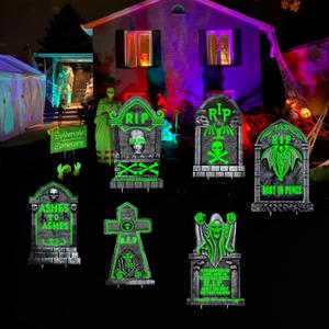6 Pack Light Up Halloween Tombstones Decoration, 16.5"x11" Spooky Graveyard Decor for Outdoor Yard Parties, Waterproof Plastic Grave Markers with 12 Stakes for Cemetery Lawn Displays