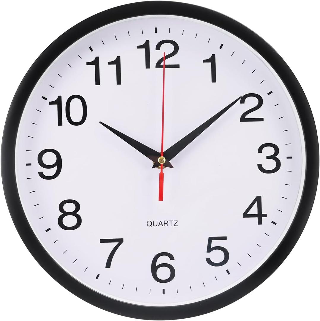 Wall Clock Plastic Frame Silent Non-Ticking Round Indoor Clock Analog Battery Operated Modern Wall Clocks for Home, Office, Hotel, Bedroom, Living Room, Kitchen (Black, 10inch)
