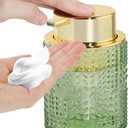Foaming Soap Dispenser, 10 Oz Glass Foam Hand Soap Dispenser with Gold Pump, Refillable Bathroom Lotion Container Pump Bottle with Vintage Pattern, Green