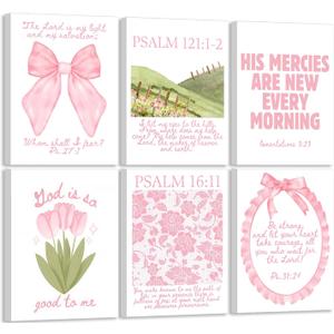 6Pcs Framed Trendy Pink Christian Canvas Wall Art Bible Verses Preppy Posters Coquette Pink Bow Biblical Painting Pictures Religious Scripture Prints for Girls Room Dorm Apartment Living Room Bedrom (16"Lx12"W)
