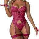 WDIRARA Women's Sexy Lingerie Set Floral Lace Garter Bustier Lingerie Set with 1Pair Fishnet Stocking, X-Large, Burgundy Lace