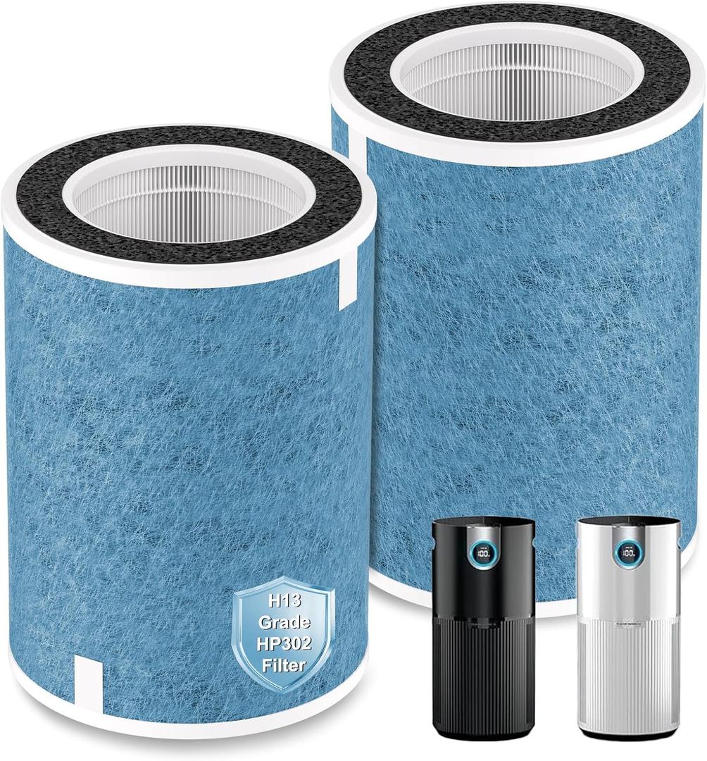 HP302 Replacement Filter Compatible with Shark HP302 HP301 HP305 NeverChange Air Pur-ifier MAX, HP201 HP202 HP232 HC501 HC502 Series, 3-in-1 H13 Grade True HEPA Filter & Active Carbon Filter, 2 Pack
