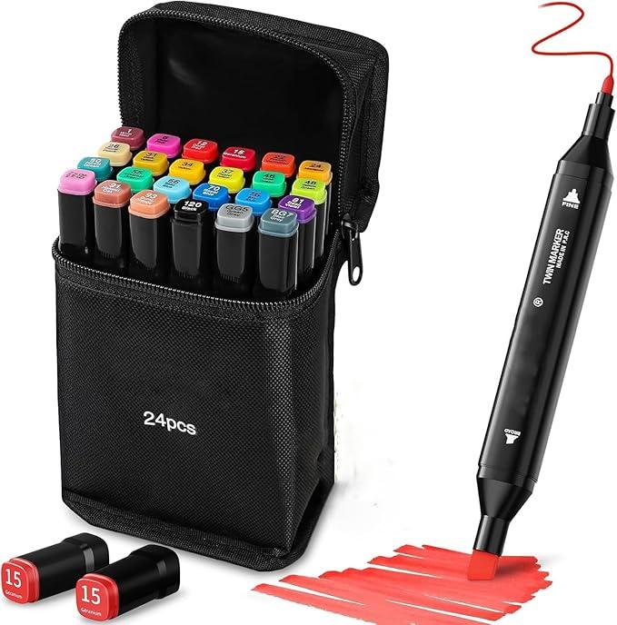 Alcohol Based Markers, 24 Colors Dual Tip Art Marker Set Fine & Chisel, Permanent Colored Pens for Adults Coloring Book Artists Illustration Sketch Lettering Drawing Cards Planner