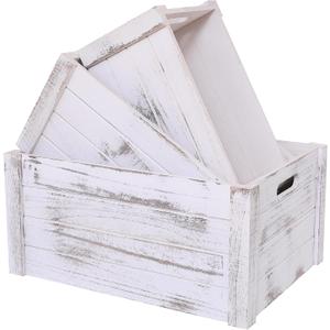 Farmhouse Antique White Wooden Crate For Storage,Rustic Decorative Boxes,Set Of 3 Extra Large Nesting Wooden Storage Crates For Home Decor,Handmade Natural Solid Wood Box (Rustic White)