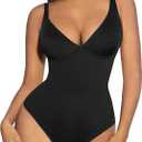 FeelinGirl Shapewear Bodysuits for Women Tummy Control Body Suits Deep V Neck Thong Body Shaper (Large, Black)