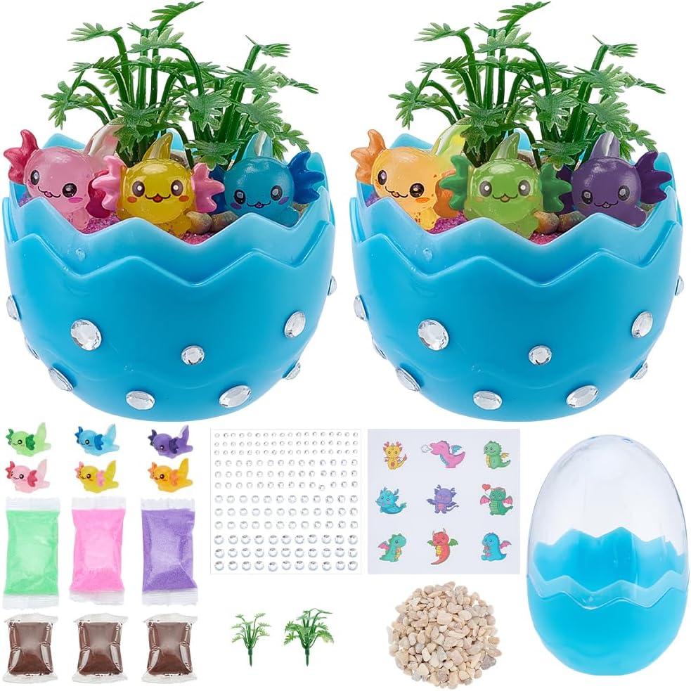 WEBEEDY 2 Sets Mini Axolotl Terrarium Kit Cute Animal Terrarium Starter Craft Set Fairy Garden Mini Figurine Desk Pet Tiny World Set for Kawaii Desktop Decor Christmas Birthday Gift