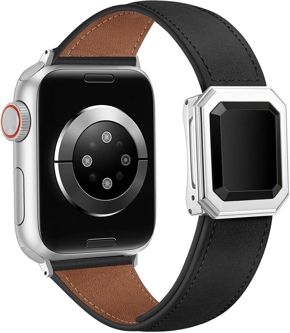 Leather Bands Women Compatible with Apple Watch  Emerald Cut Glass Gemstone Magnetic Clasp Designer Strap for iWatch Size: 46(S10/11)/49/45/44/42mm(S1/2/3) (A2 Black/Silver)