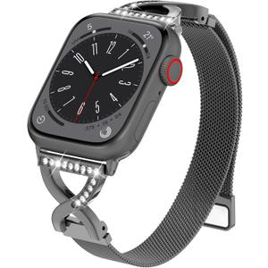 BRG Thin Mesh Loop Compatible with Apple Watch Bands for Women 44mm 45mm 46mm Series 11 10 9 8 7 6 5 4 3 2 1 SE, Metal Magnetic Stainless Steel Strap with X-Shape Diamond Clasp for iWatch Bands (Black)