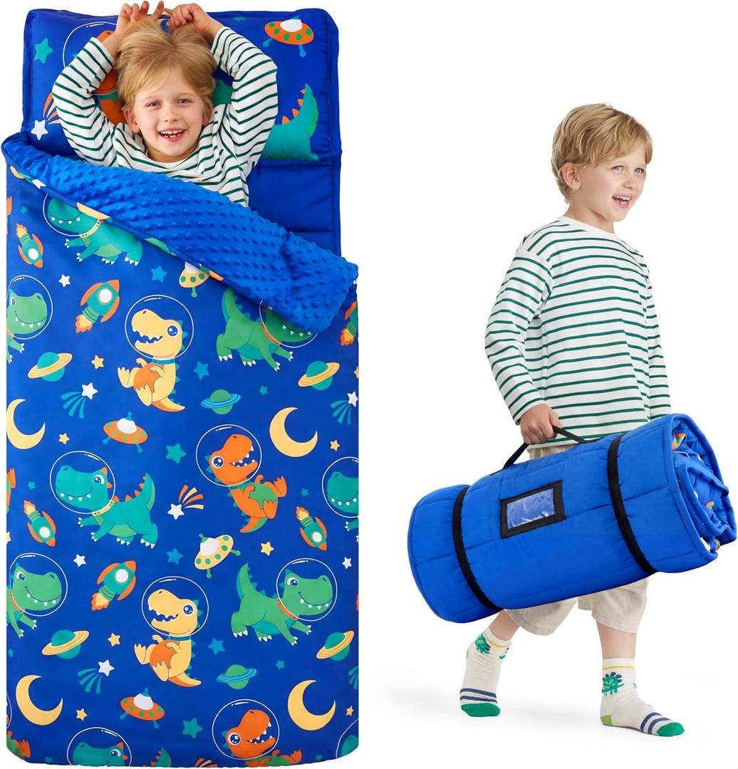 JOIEDOMI Toddler Sleeping Bag for Kids 55''x30'' Nap Mat with Removable Pillow and Minky Blanket for Toddler Ages 3-7 Roll Up Soft Kids Sleeping Bag for Boys Girls Kindergarten Daycare Sleepover (Dark Blue Dinosaur)
