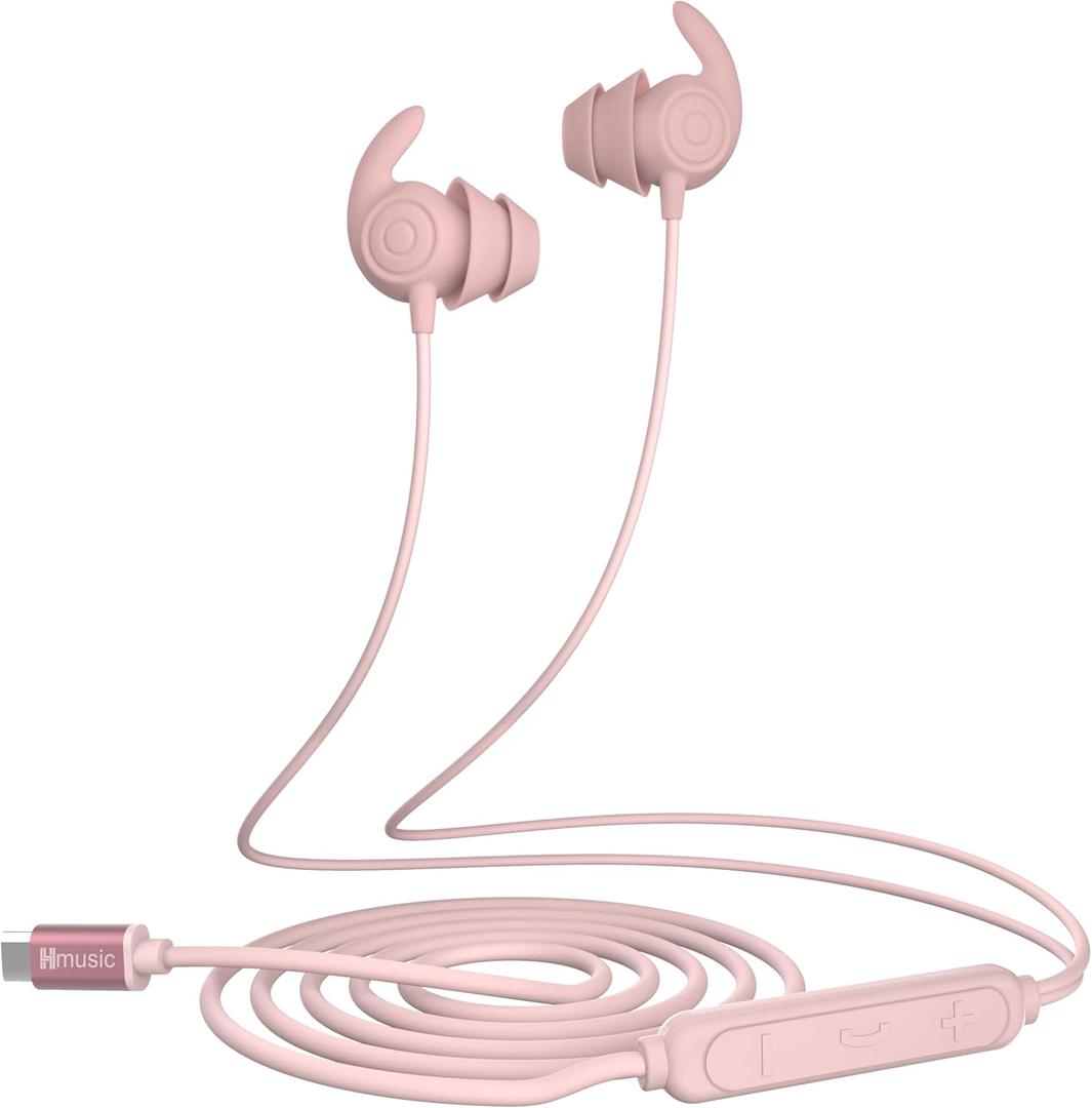 Hmusic Sleep Earbuds,USB C Wired Sleep Headphones for Side Sleepers,30dB Noise Isolate Sleep Earplugs w/Mic,2g Lightweight Soft Silicone,Flat Thin Bed Earphones for Relax,Focus,Travel,Yoga(Pink)