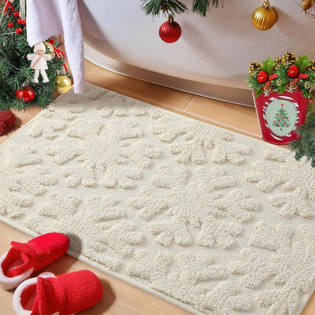 Luxury Cream Beige Winter Snowflake Bathroom Mat, 20"x32" Extra Soft and Absorbent Microfiber Bath Rug, Non-Slip TPR Back, Plush Shaggy Bath Carpet for Floor (1'8" x 2'8" (Rectangular))