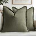 MIULEE Decorative Throw Pillow Covers Neutral Linen Fringe Throw Pillows Set of 2 Olive Green Boho Farmhouse Cushion Covers with Tassels for Couch Sofa Bed Living Room Spring Home Decor 20x20 Inch