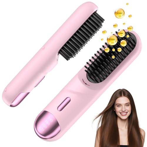 Go Brush Pro 2026 Hair Straightener Brush 300 Million Negative Ionic Portable Hair Straightener Comb for Women with 4 Temps Fast Heating MCH Ceramic Coating Smooth Frizz Hair Light Pink