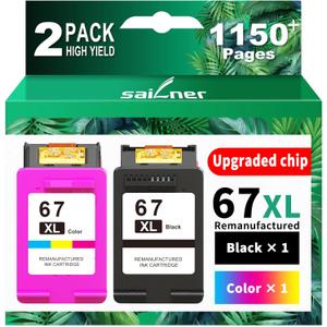 SAILNER 67XL Ink Cartridges Black/Color Combo Pack Replacement for HP Ink 67 HP67XL (2-Pack High Yield) Compatible with HP DeskJet 2755e 2855e 2700e 4155e 2734e 2827e 4100e Envy 6055 6455e Printer