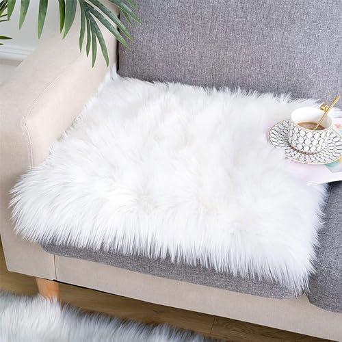 Faux Fur Sheepskin Square Chair Cover Seat Cushion Pad, Luxurious Wool Area Rugs Fluffy Floor Mat for Living Sofa, Photographing Background Office Home Decor Carpet (White)