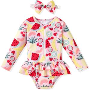 HIHA Toddler Baby Girl One Piece Zip Up Long Sleeve Swimsuit Rashguard Set with Headband (18-24 Months, Fruits)