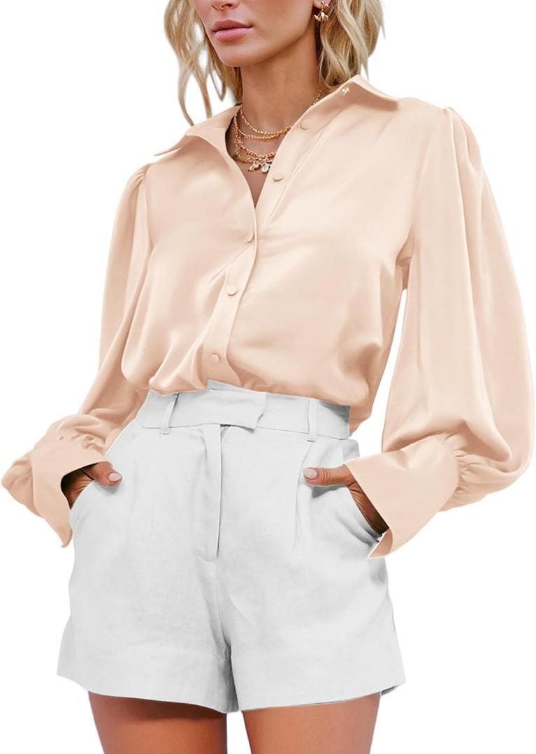 BTFBM Women Satin Blouses Summer Fall Clothes Button Down Lantern Long Sleeve Shirts Work Business Casual Dressy Tops (X-Large, Beige)