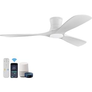 52in Smart Low Profile Ceiling Fans with Lights Remote,Quiet DC Motor,Outdoor Indoor Flush Mount Ceiling Fan,Control with WIFI Alexa App,Dimmable,6-speed,3 White Wood blades,for Modern Bedroom Patio, White Wood
