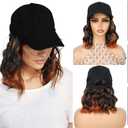 GUOJIAN Hat Wigs for Women 6' Short Wave Baseball Cap Wigs with Curly Hair Extensions Synthetic Wave Wig Adjustable Hat with Hair Attached for Daily Use (1B/350, 6inch)