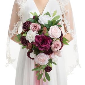 Ling's moment Burgundy Cascading Bridal Bouquet, Marsala Wedding Bouquets for Bride, 13 Inch Birde Bouquet Artificial Wedding Flower Bouquet