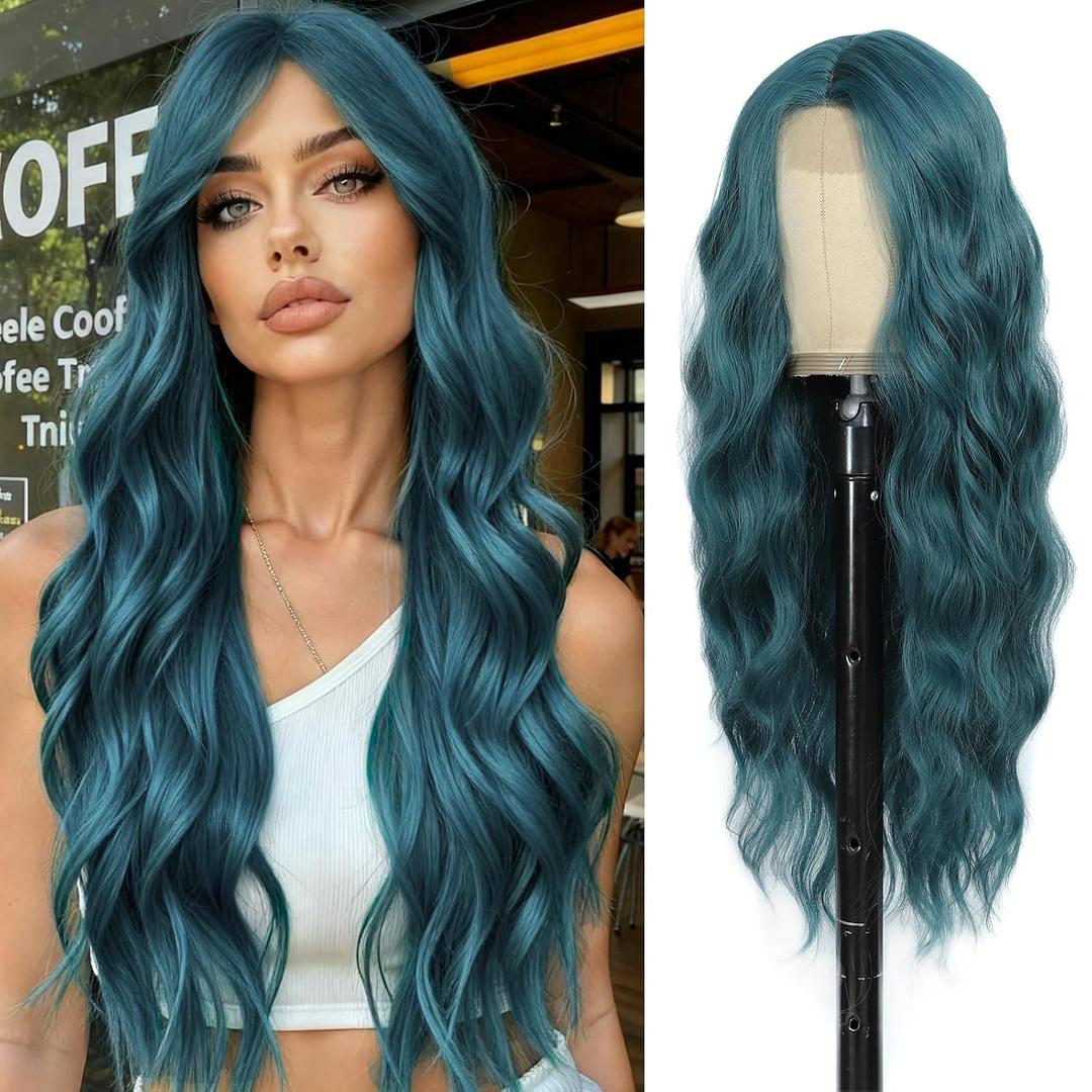 Dark Green Wig 26 Inch Long Wavy Wig for Women - Heat Resistant Synthetic Hair Middle Part Curly Wig Natural Look for Daily Party Cosplay Costume Use