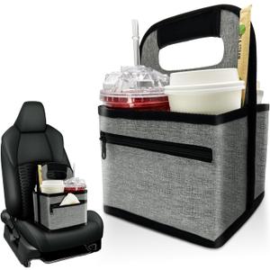 Reusable Coffee Cup or Cans Carrier, Take Out Cup Holder, Handle Tote Bag Drink Holder with 2 Organizer Pockets for Hot & Cold Beverages, for Delivery and Take Out (Neoprene Gray)