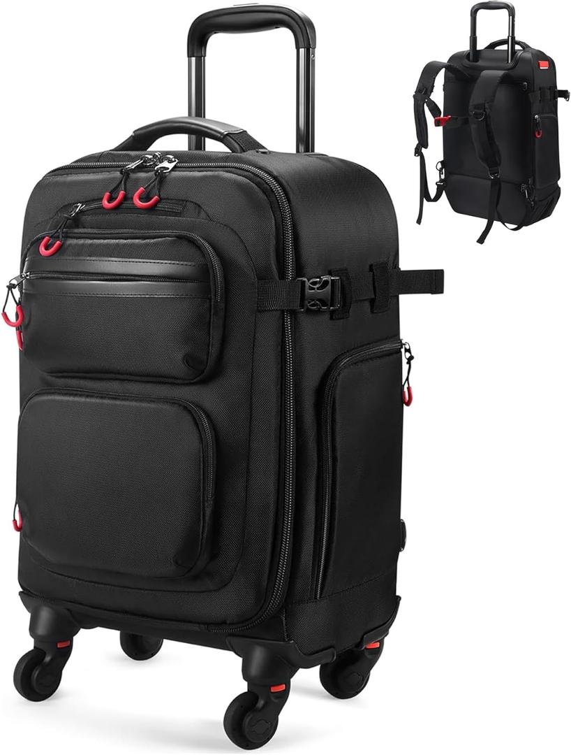 Rolling Backpack with Wheels – Airline Approved Underseat Carry-On Luggage 18x14x8, Water-Resistant Personal Item Bag with 2 Extra Replacement Wheels, Fits 15.6 Inch Laptop, Travel Backpack for Men