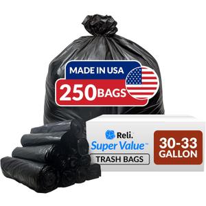 Reli. 30-33 Gallon Trash Bags Heavy Duty | 250 Count Bulk | Black Large Trash Bags 30+, 32 Gallon | Made in USA