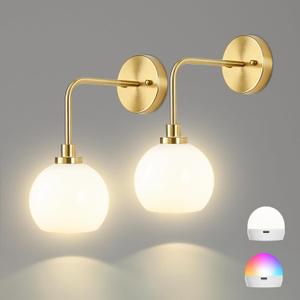 Battery Operated Wall Sconces Set of 2, Gold Rechargeable Wireless Wall Lights with Milky White Shade, 12 RGB and 3CCT Dimmable Wall Lamps with Remote for Bedroom Living Room Hallway