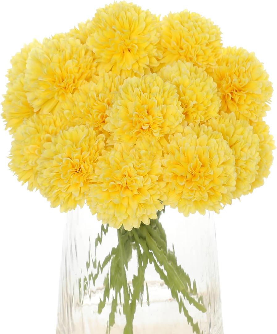 Kimura's Cabin 20pcs Fake Chrysanthemum Artificial Flowers Faux Silk Mums with Stem Balls Flowers for Vase Fillers Easter Home Table Floral Arrangements Wedding Party DIY Decoration(Yellow)