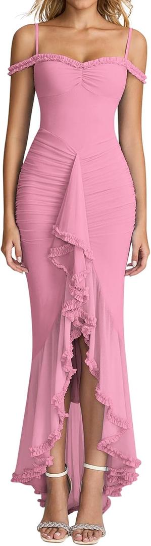 KUTUMAI Women Ruffle Bodycon Maxi Dress Ruched Long Formal Cocktail Wedding Guest Dresses (Pink, XL)