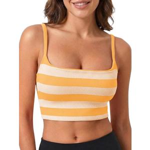 Aoysky Womens Striped Square Neck Sports Bras Spaghetti Straps Ribbed Padded Low Impact Yoga Workout Camisole Yellow, M