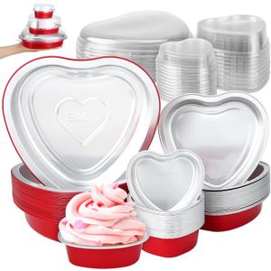 65 Pcs Foil Heart Shaped Cake Pans for Baking, 23 oz 9 oz and 3.4oz Aluminum Cupcake Pans with Lids, Disposable Heart Baking Cups Pans for Valentine's Day Wedding Birthday Party Supplies