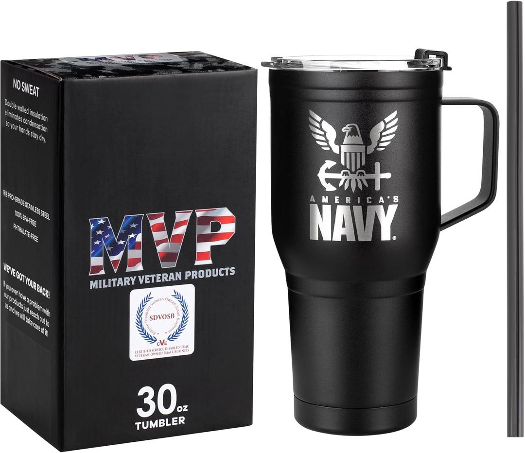 30oz Navy Tumbler Double Wall Vacuum Insulated Stainless Steel USN Travel Mug with Handle | Navy 30oz w/Handle