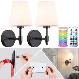 Peel and Stick Wall Sconces, Stick On Wall Sconce Set of 2, Battery Operated Wireless Adhesive Wall Lights, Corn Bulb with 10000mAh Battery, Easy Install for Bedroom Living Room Wall Decor (11.8inch, Black)