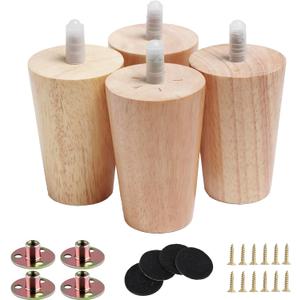 4" Round Solid Wood Furniture Leg Set of 4 Mid-Century Modern Sofa Couch Bed Coffee Chair Desk Straight Feet Legs with Pre-Drilled 5/16M8 Inch Bolt& Screws& Rubber Pads