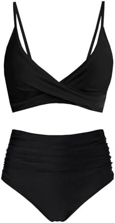 Amy Babe Women's High Waisted Bikini Sets Push Up Twist Front Spaghetti Straps Ruched Two Piece Swimsuit Bathing Suit, Size S