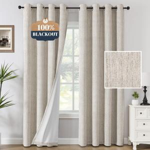 H.VERSAILTEX Premium Chenille Blackout Curtains - 100% Blackout Thermal Insulated Noise Reducing, Heavy White Flocking Coating Back Linen Textured, 2 Panels 84 Inches, Heathered Natural (Not Solid)