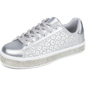 UUBARIS Women's Glitter Tennis Sneakers Neon Dressy Sparkly Sneakers Rhinestone Bling Wedding Bridal Shoes Shiny Sequin Shoes (8.5)